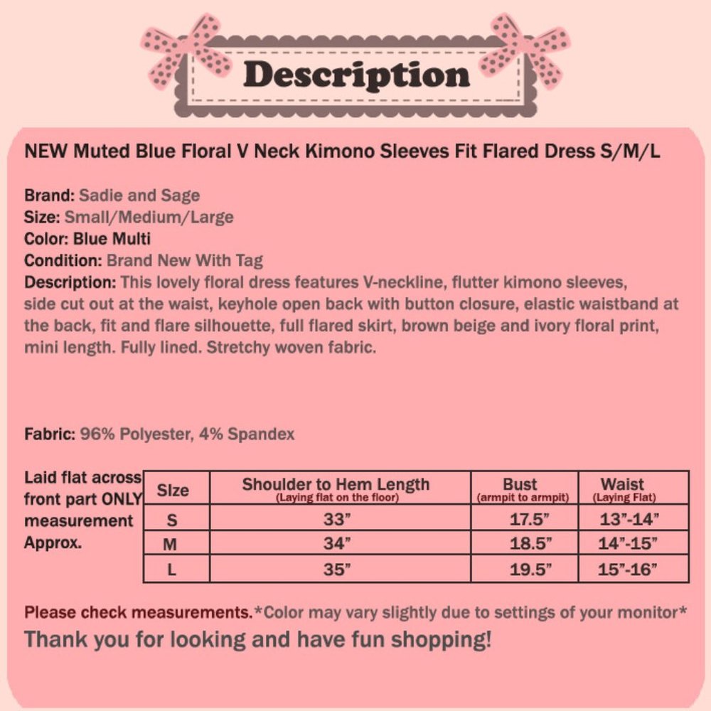 Blue Floral V Neck Kimono Sleeves Fit Flare Dress - Picture 8 of 8